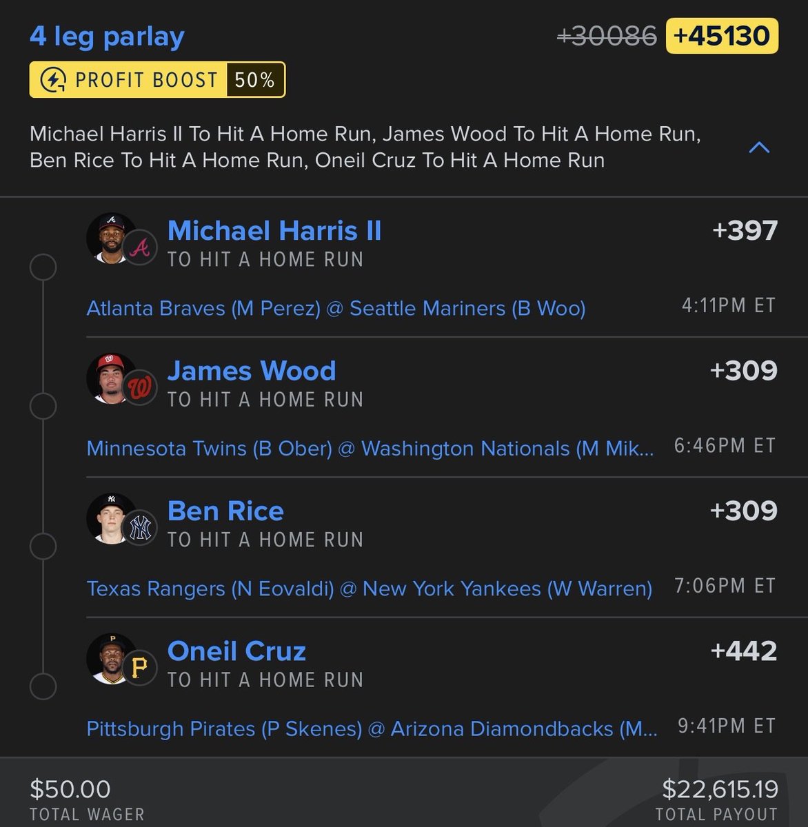 ⚾ 4-LEG WEDNESDAY DINGER PARLAY ⚾

4 SWINGS ➡️ $22,000 🤑

Comment PARLAY below for BONUS 2-Man
(Must be following 🤝 to get DM)