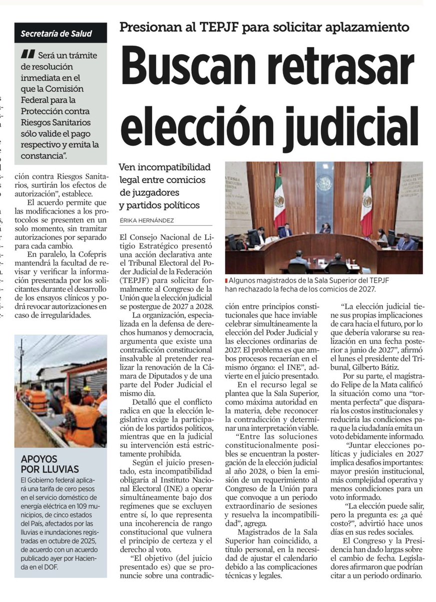 JoseMarioMX's tweet photo. La elección judicial de 2027 no es un simple asunto de calendario. Es una bomba de diseño constitucional: el mismo día se quiere pedir a los partidos que hagan campaña para renovar la Cámara de Diputados y, al mismo tiempo, que no metan un dedo en la elección de jueces, magistrados y ministros. Eso no es austeridad democrática; es poner al INE a manejar dos procesos con reglas que se estorban entre sí.

El problema no es si “técnicamente se puede”. Casi todo se puede, a la mala. La pregunta seria es otra: ¿qué tan libre, informado y limpio puede ser el voto judicial si ocurre en medio de campañas partidistas, estructuras territoriales, propaganda, operadores, acordeones y narrativas políticas? La independencia judicial no se cuida con discursos; se cuida evitando que nazca contaminada.

Aplazar la elección judicial a 2028 no sería un capricho ni una concesión: sería reconocer que la reforma dejó una grieta enorme. Si de verdad se quiere una elección judicial seria, hay que separarla del ruido partidista. De lo contrario, 2027 no será la democratización de la justicia; será su captura con boleta.