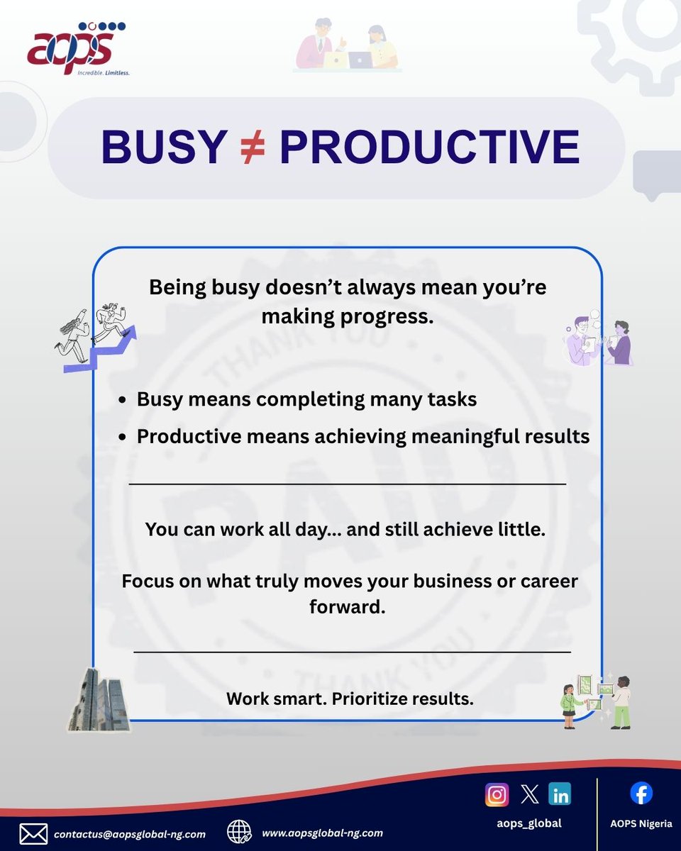 aops_global's tweet photo. Being busy is easy. Being productive is what truly matters.

Many people spend their day doing a lot… but achieving very little.

The goal is not just to stay active but to focus on tasks that bring real results.

Are you busy or truly productive?

 #WorkSmart #BusinessTips https://t.co/zlUKHeiNH0