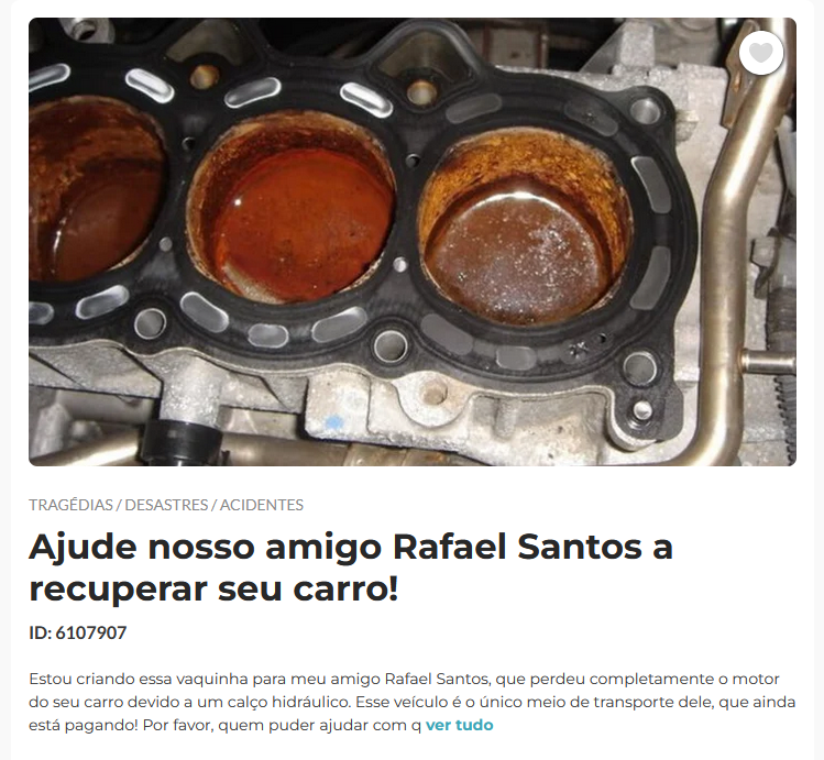 um amigo meu do coração está passando por um perrengue, o carro dele que é a principal forma de trabalho e locomoção teve o motor totalmente danificado e ele depende bastante do carro

qualquer ajuda e retweet é bem vinda, vou deixar o link nos comentários