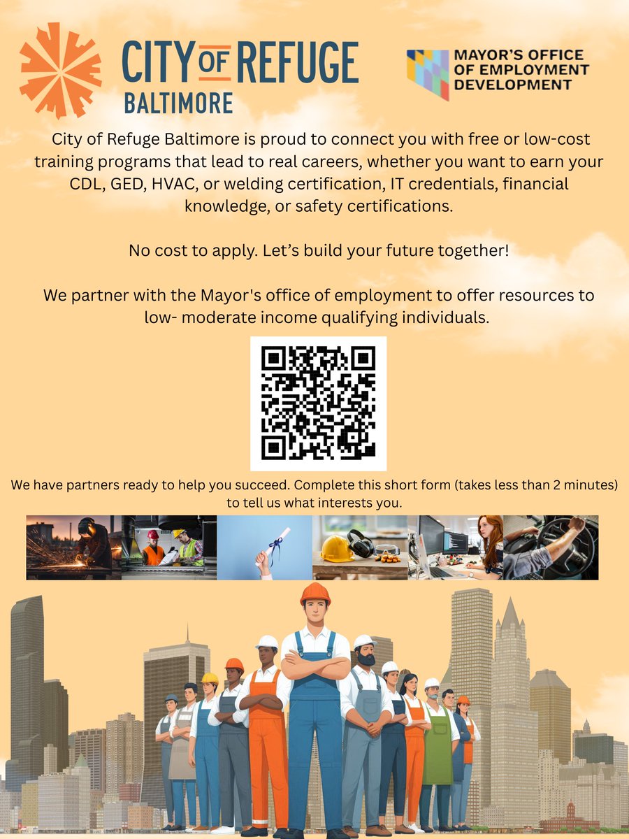 JobsBaltimore_'s tweet photo. City of Refuge Baltimore is connecting residents to free or low-cost training programs that lead to real opportunities. Whether you're interested in CDL, GED, HVAC, welding, IT, there are pathways available to help you move forward.

Get started ➡️ https://t.co/1SyuYBdFdd https://t.co/Ho1DYY9Fig