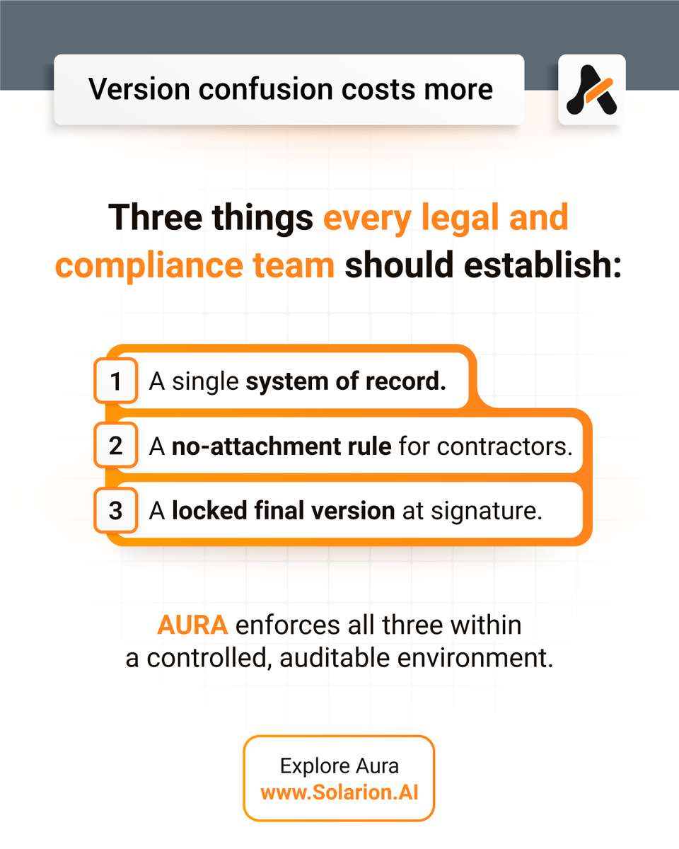 SolarionHQ's tweet photo. Version confusion costs enterprises more than bad contracts do.
Bad contracts get flagged.
Version confusion surfaces during audits.
When it's already too late.
Knowledge workers spend 18 min/day managing versions manually.
20-person legal team = 6 hours lost. Every day.

3 reasons it keeps happening:

1. No single source of truth. Shared drives have no guardrails.
2. Email attachments bypass your document system. You lose visibility the moment you hit send.
3. Naming conventions collapse at scale "Contract_FINAL_v3_FINAL2" is not version control.

3 things to fix it:

→ One system of record for every version
→ Share links, not attachments
→ Lock the final version at signature - what’s executed cannot be changed or replaced

Which of these 3 is the biggest problem in your organization?

AURA enforces all three within a controlled, auditable environment.
→ https://t.co/VS3uV5Xopu

#DocumentControl #ContractManagement #EnterpriseAI #VersionContro