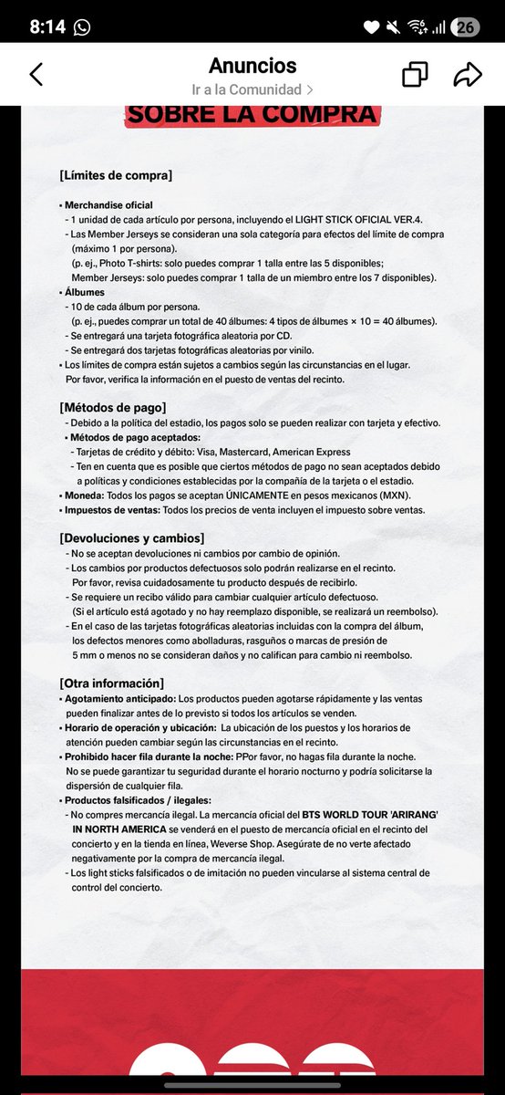 ximena42460976's tweet photo. Pedirlos de su ayuda 
Con la venta a revendedoras sin respetar las filas ni las políticas que se establecieron y se publicaron 
Solo se tenia por ley la venta de un solo artículo por persona y se les está dando favoritismo a los reved
@AtencionProfeco
#BTS_WORLDTOUR_MEXICOCITY https://t.co/I7XSkLTLxs
