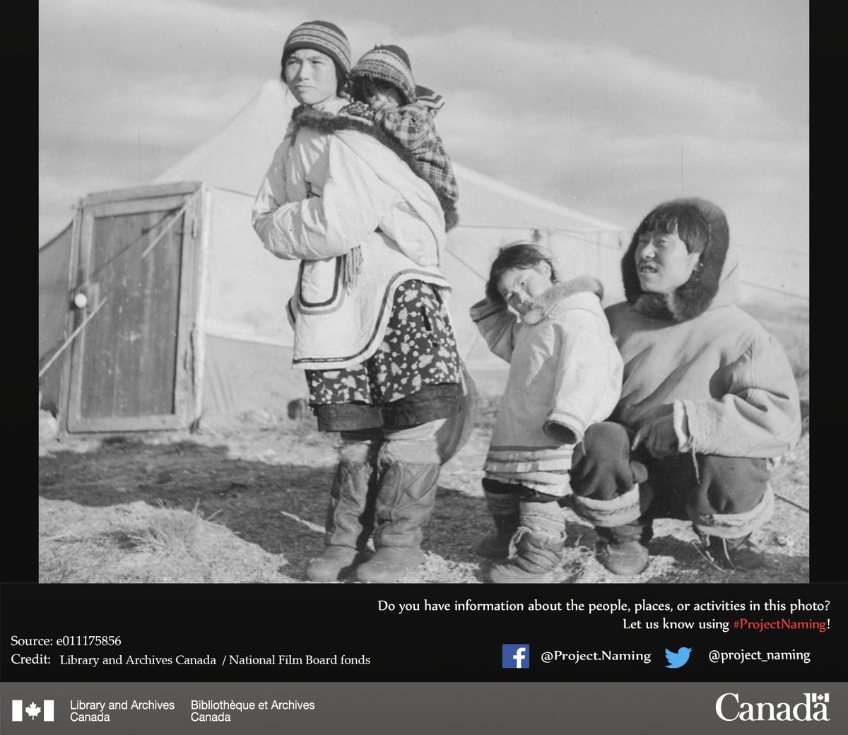 project_naming's tweet photo. An Inuit family of four outside their canvas tent, Sugluk, Quebec, 1951.
Do you recognize anyone in this photo?
More on Project Naming and how you can help: https://t.co/fjzfcGJ4FC https://t.co/XKzD6BQgKR