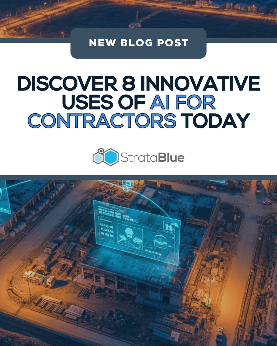 StrataBlue's tweet photo. Discover how AI for contractors can revolutionize your projects! Explore 8 innovative uses that will enhance efficiency and productivity https://t.co/pZZXUuQjER https://t.co/UAvBWZmVeJ