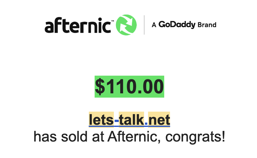 NameHubs's tweet photo. Lets-Talk .net
has sold for $110 via @afternic

#Domain #Afternic #Godaddy https://t.co/FzVLgF9Hch