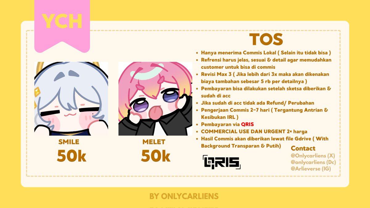 onlycarliens's tweet photo. 𝘾𝙤𝙢𝙢𝙞𝙨𝙨𝙞𝙤𝙣𝙨 𝙊𝙥𝙚𝙣! (0/5) 
retweets &amp; shares are very appreciated-! 

haloo, ak open YCH lagi iaa (⁠≧⁠▽⁠≦⁠)
mention after DM-!
#commissions #ych #artidn #zonajajan https://t.co/yYeNwXxeu2