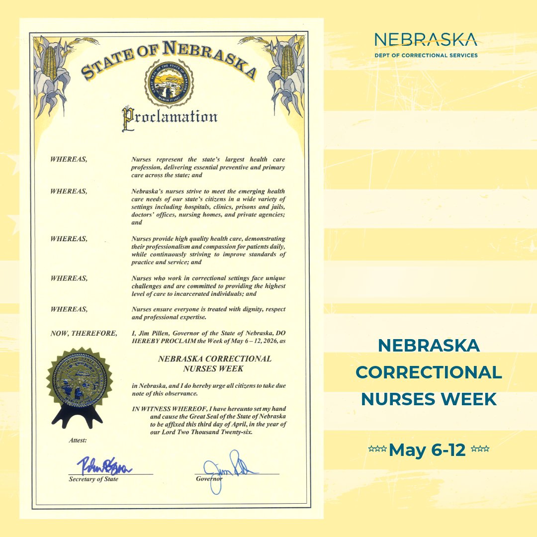 NECorrections's tweet image. Governor Pillen has recognized May 6-12 as Nebraska Correctional Nurses Week, celebrating the vital role of nurses within our facilities. As we also celebrate National Nurses Week, NDCS extends a heartfelt thank‑you to all nurses. #NationalNursesWeek #CorrectionsMonth