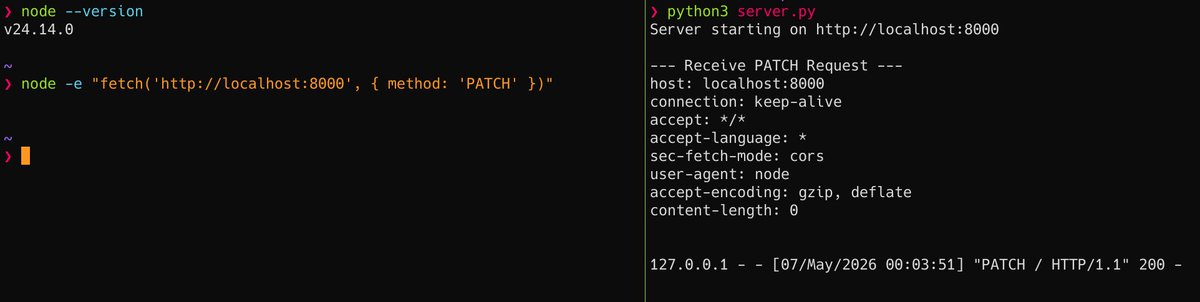 mtgto's tweet photo. ブラウザと違ってNode.js v24.14.0の場合はbody未指定のPATCHメソッドであってもContent-Length: 0を送ってくれるようだ。 https://t.co/nhkfcPqFRz