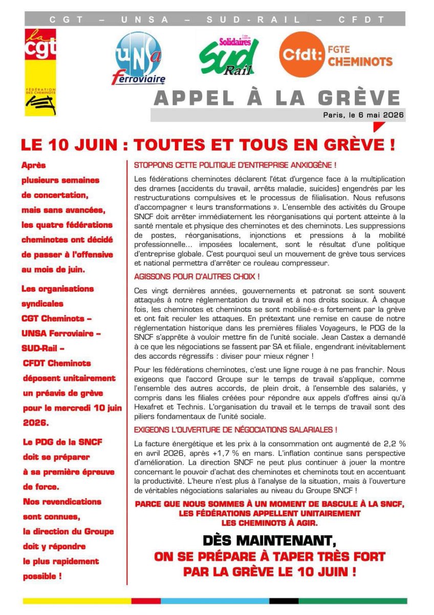 🟢 Les quatre fédérations #cheminotes appellent à la #grève à la SNCF pour le 10 juin 🔴 

🔵 Le PDG de la SNCF doit se préparer à sa première épreuve de force. 🟠