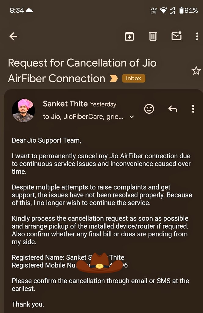 ThiteSanket's tweet photo. @Gururaj_bhat_br @JioCare Same situation here.

I have already emailed them to disconnect my connection, but there is still no response. They are neither disconnecting the service nor properly providing it — only generating monthly bills.

I have also filed a complaint with the consumer forum now. https://t.co/NzJPzEJ51u