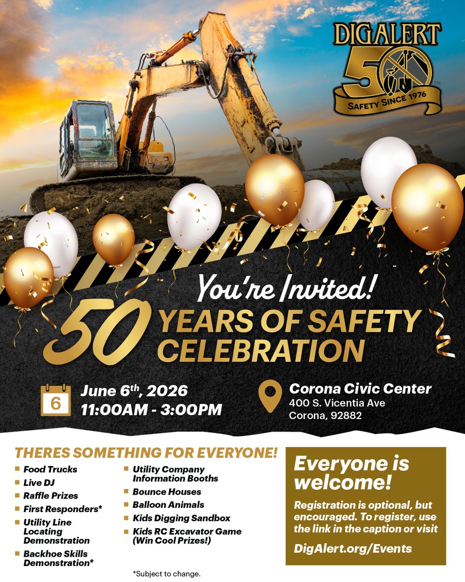 DigAlert's tweet photo. You’re invited to join us on June 6th as we celebrate 50 Years of Safety at the Corona Civic Center! 🎉
Festivities kick off from 11:00am to 3:00pm, and this family-friendly event has something for everyone. Enjoy a fun-filled day featuring food trucks, a live DJ, raffle prizes, utility line locating demonstrations, kids’ activities, and more!
This event is open to the public, so bring your friends and family. Registration using the link below is optional, but encouraged. We can’t wait to see you there!
 https://t.co/8IkxbOpFOo

📍Corona Civic Center:
400 S. Vicentia Ave., Corona, 92882

🕛 Time:
June 6th, 11:00am - 3:00pm

Food Trucks attending:
🍧 Tikiz Shaved Ice
🍔 Bootleg Bistro 
🌮 Don Chuys Tacos & Catering