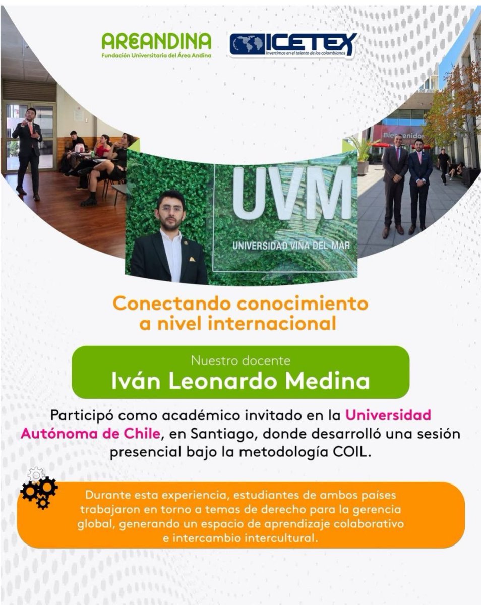 ProfeIvanMedina's tweet photo. Comparto que la movilidad internacional que adelanté en Marzo de 2026, fue seleccionada en representación de Areandina como una experiencia de impacto internacional e interinstitucional entre Colombia 🇨🇴 y Chile 🇨🇱, en este caso el ICETEX 🌎. https://t.co/zY7kGNHKpK