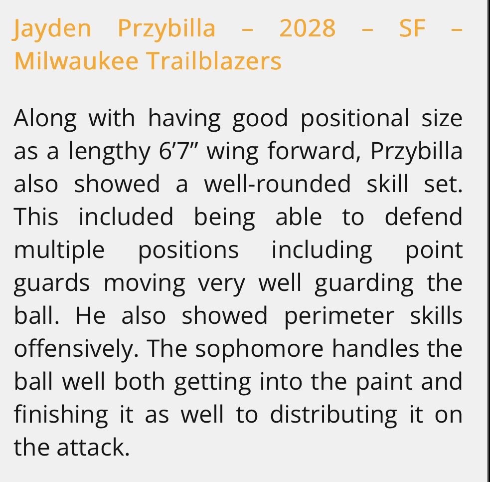 MkeTrailblazers's tweet photo. #10 Jayden Przybilla getting recognized for his ability to defend multiple positions, handle the ball, attack downhill, and make plays for others. The work continues. 📈🏀

#MilwaukeeTrailblazers https://t.co/1ZMcdzacJi