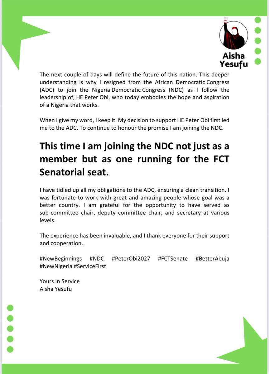 The next couple of days will define the future of this nation. This deeper understanding is why I resigned from the African Democratic Congress (ADC) to join the Nigeria Democratic Congress (NDC) as I follow the leadership of, HE Peter Obi, who today embodies the hope and