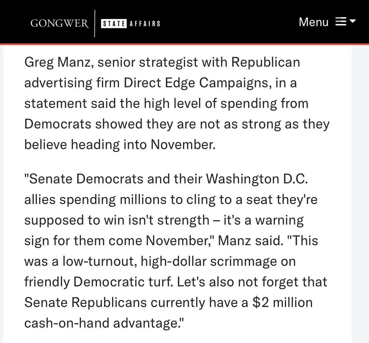 DirectEdgeGOP's tweet photo. The story about control of Michigan’s Senate is bigger than one race. Our Senior Strategist @Greg_Manz  told @GongwerMichigan and @MIRSNews that Democrats spending millions to protect a seat they were expected to win is a clear warning sign for November. It was a high-dollar scrimmage on favorable turf, while @MISRCC continues to build a cash advantage and focus on winning when turnout surges this fall.
