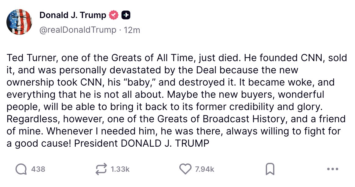 joshgerstein's tweet photo. Bizarre Trump suggestion that Ted Turner was anti-woke. While he initially had "bad boy" image, he supported rapprochement with USSR/Russia (Goodwill games), UN, and devoted later years to envirocauses &amp; fighting climate change. CNN also sought to avoid being labeled as American https://t.co/E4xtgPdhHW