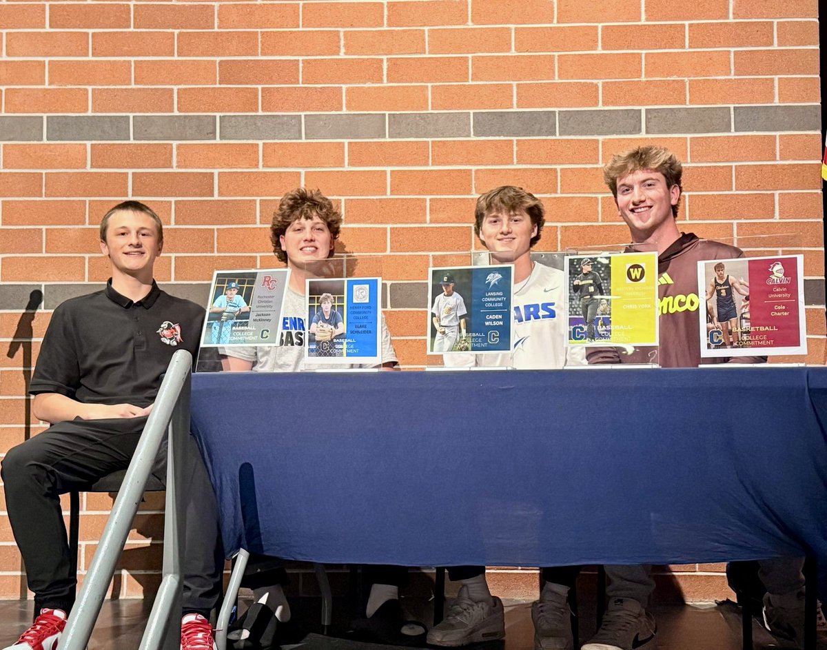 Clarkston_BSBL's tweet photo. Awesome day celebrating our guys and their commitment to compete at the collegiate level.
 
Proud of you fellas. Congrats and go be great.
@ChrisYork2026 @WMUBaseball 
@cadenwilson2026 @Lansing_Stars 
@blakeschneid28 @HenryFord_Hawks  
@Jackson_Mck25 @baseballRCU 
@CTownAthletic https://t.co/ZG92RHQFpN