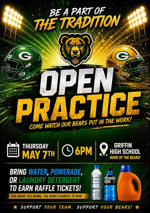 GriffinHighFB's tweet photo. 🏈🔥OPEN PRACTICE REMINDER🔥🏈 
Pull up Thursday, 5/7 at 6PM @ GHS!
LIVE SCRIMMAGE featuring:
⚡️Situational Football
⌚️2-minute drills
🏈Red zone &amp; 3rd down work
🆘SUPPORT THE PROGRAM
Bring Water, Powerade, or Laundry Detergent to earn raffle entries for our Spring Game on 5/14! https://t.co/R6aF2fFNaz