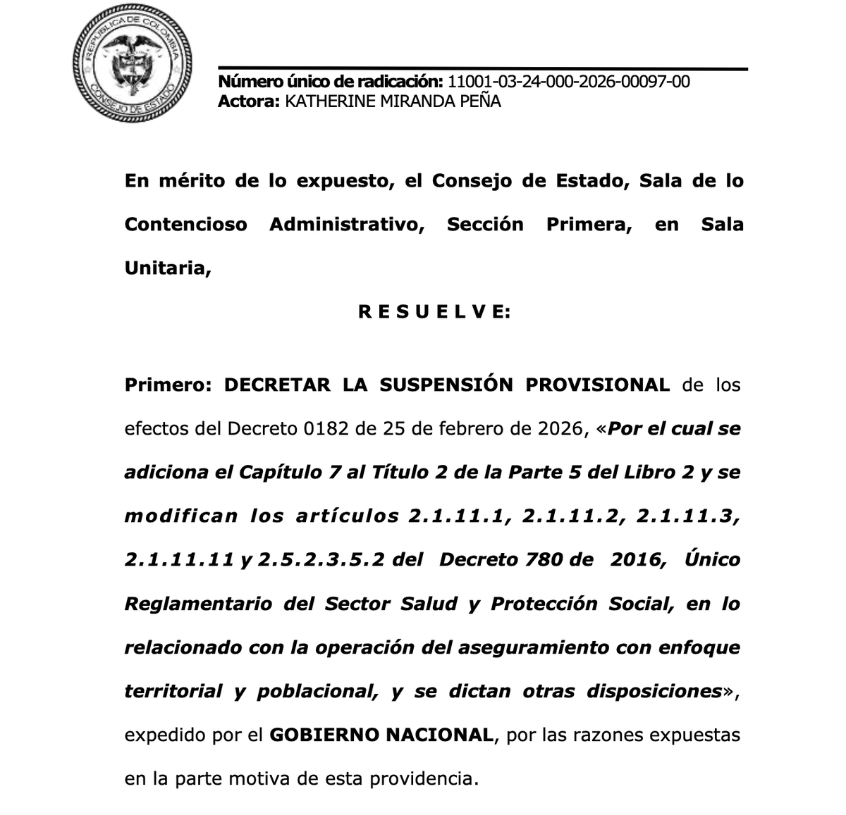 Atentos

<a href="/consejodeestado/">Consejo de Estado</a> suspende provisionalmente decreto del gobierno <a href="/petrogustavo/">Gustavo Petro</a> que reorganizaba territorialmente las EPS y limitaba el número de aseguradoras por municipios y departamentos 

Decisión llega después de una demanda de <a href="/KatheMirandaP/">Katherine Miranda</a> que advirtió posibles