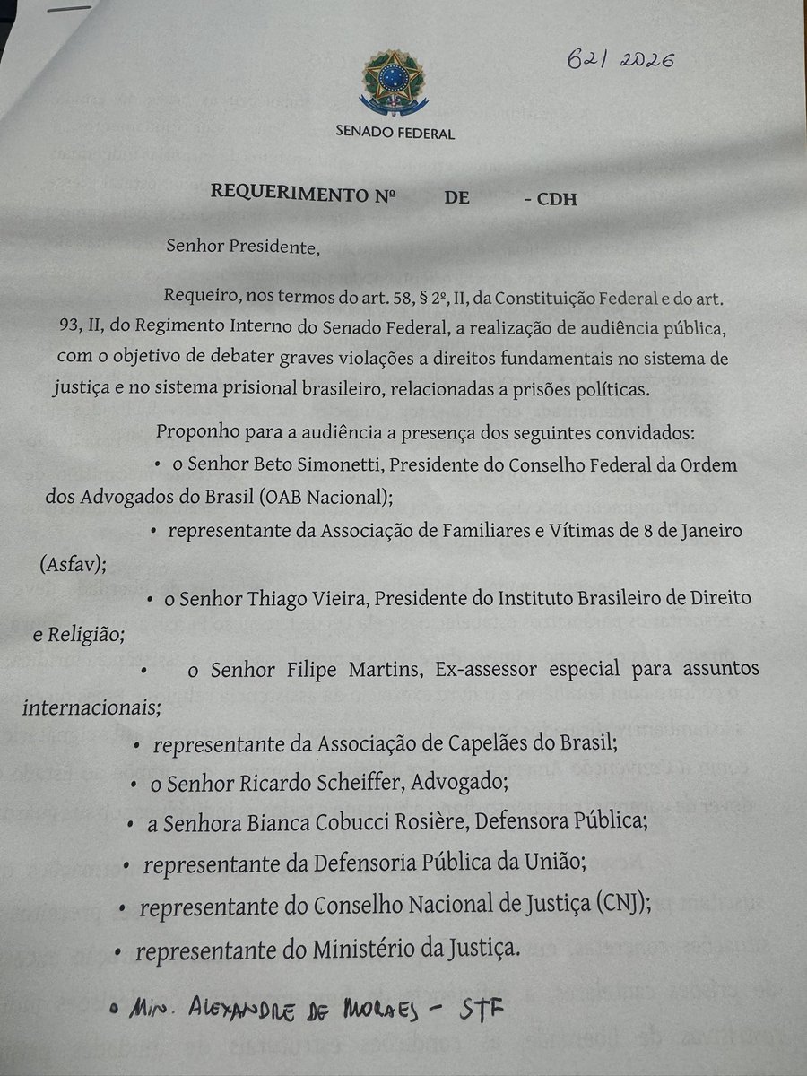 P/FIM DA AGONIA DE FILIPE MARTINS! Acabamos de aprovar na CDH- Comissão de Direitos Humanos do <a href="/SenadoFederal/">Senado Federal</a> ,p/unanimidade,meu requerimento de audiência pública q visa debater graves violações no sistema de justiça relacionados a prisões políticas no País.Dentre os nomes