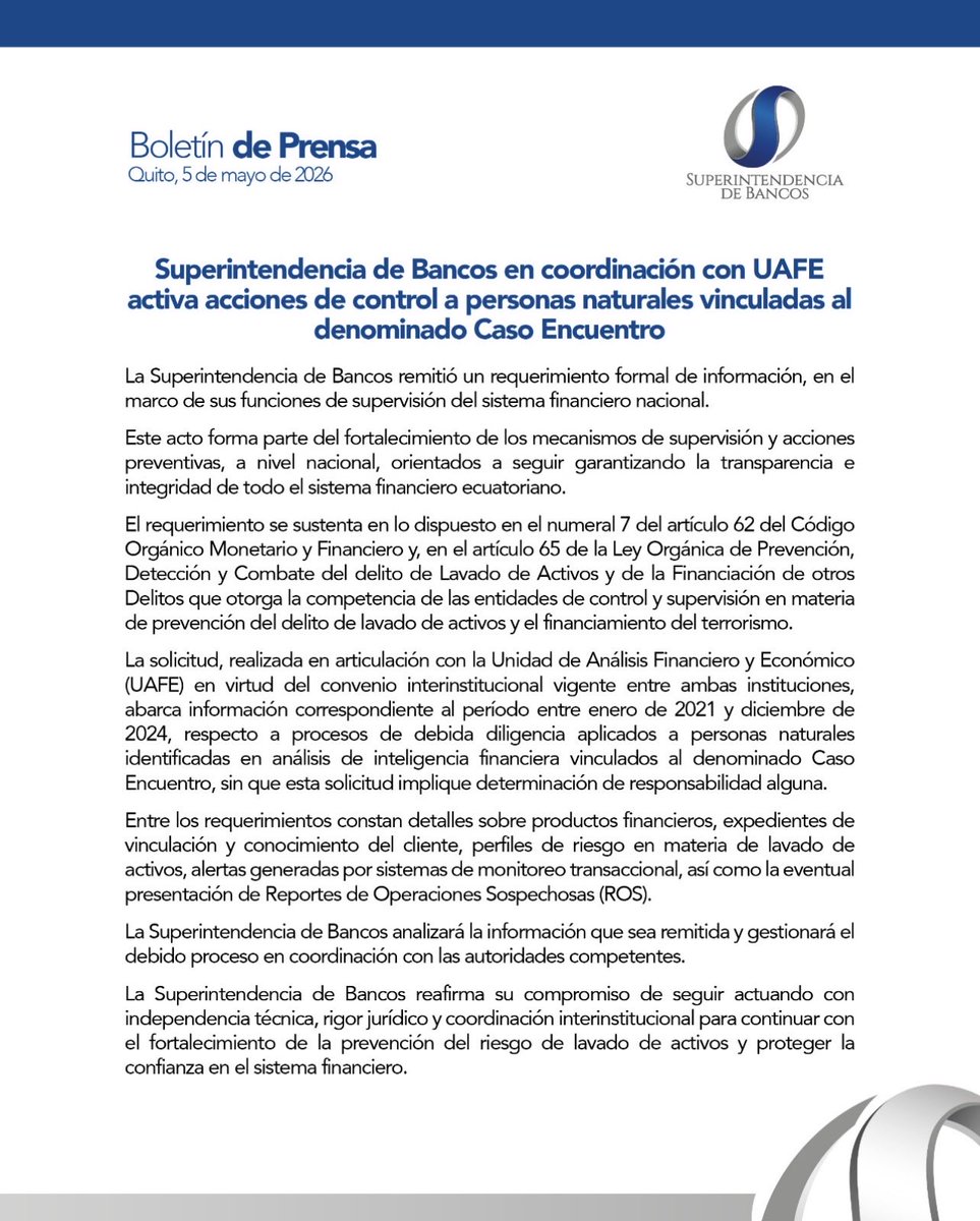 CentralNewsEC's tweet photo. 🟣La @superbancosEC y la @UAFE_EC activan controles en el caso “Encuentro” y solicitan información financiera a una entidad bancaria como parte de las indagaciones sobre exfuncionarios del gobierno de @LassoGuillermo.
👉🏻 El proceso sigue en fase de verificación y cruce de datos. https://t.co/nVuDjYx5oq