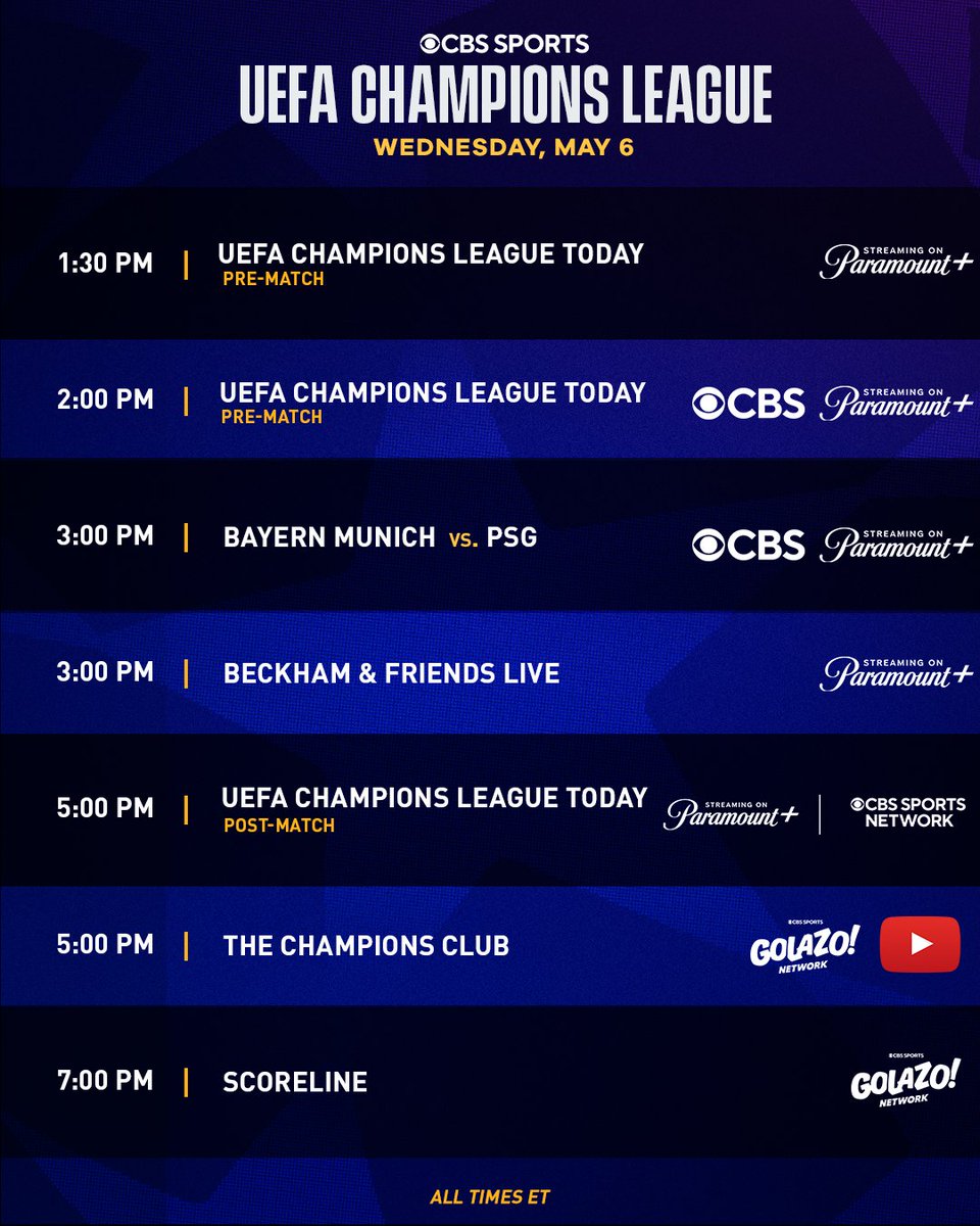 CBSSportsGang's tweet photo. CBS Sports' presentation of the UEFA Champions League Semifinals concludes today with pre-match coverage starting at 1:30 PM ET, on @paramountplus
and continuing at 2 PM ET on CBS and Paramount+

@FCBayernUS vs. @PSG_English kicks off at 3 PM ET on CBS and streaming on Paramount+

Beckham & Friends Live begins at 3 PM ET, exclusively on Paramount+, featuring David Beckham, Cole Hauser and Fisher Stevens