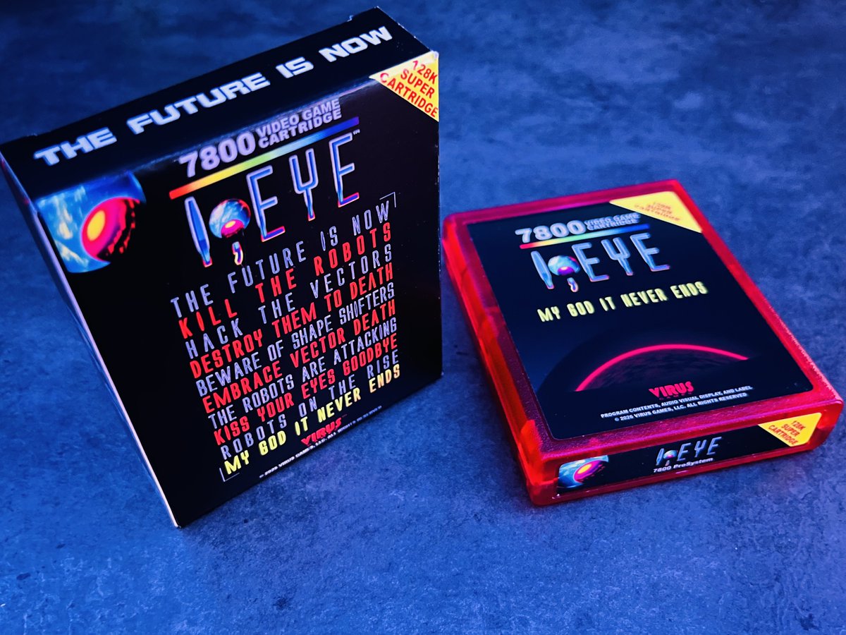 VirusGamesLLC's tweet photo. Proof boxes for the Atari 7800 version of I,EYE have arrived! 👀 https://t.co/JdmKOuL4X9