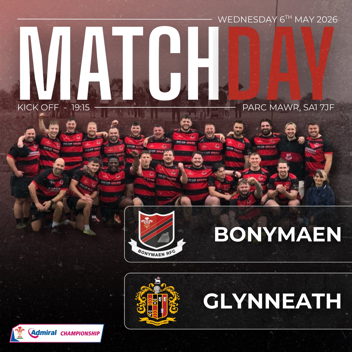 Bonymaenrugby's tweet photo. Match Day 🏉

Tonight marks Ricky James’ last outing at Parc Mawr. Our veteran prop will be taking a step back following the conclusion of the season. 

📍Parc Mawr, SA1 7JF
⏰ 19:15
🆚 Glynneath RFC
🏆 Admiral Championship West 

#UppaMaen #WRUcommunity https://t.co/QBqdVhbe5I