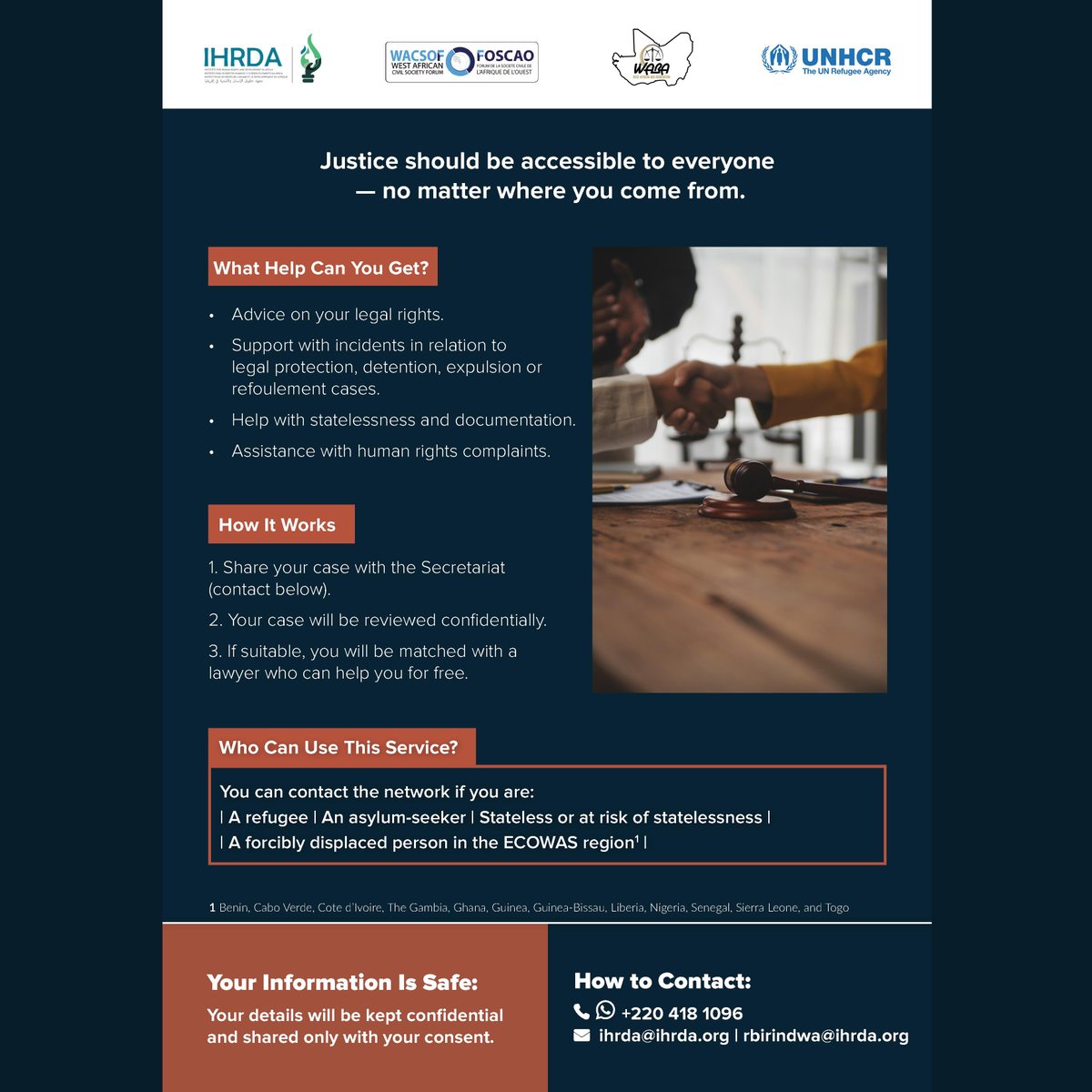 FWACSOF's tweet photo. ⚖️ FREE LEGAL HELP for Refugees in West Africa!
Displaced? Stateless? Asylum seeker? If your rights are violated, we provide independent, qualified lawyers at ZERO cost. Detention/Expulsion support/ Identity docs/ECOWAS Court representation/
ihrda@ihrda.org
#WACSOF #UNHCR #IHRDA https://t.co/wnMVc7EzgG