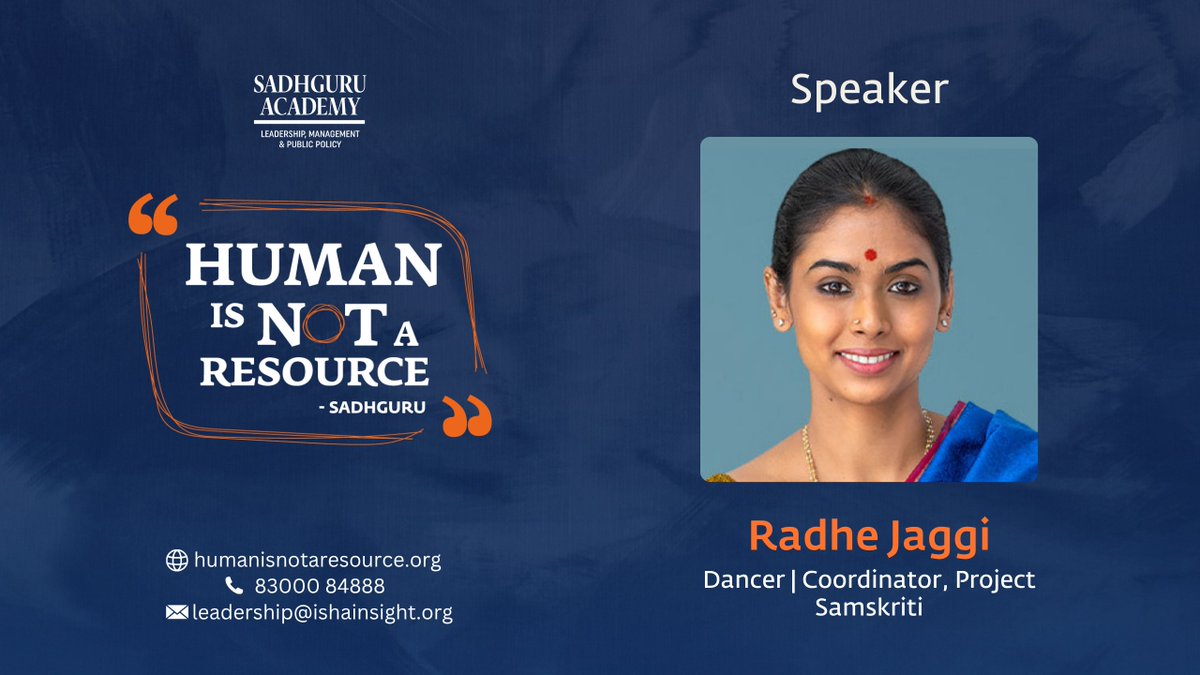 SadhguruAcademy's tweet photo. We are delighted to welcome Radhe Jaggi, Project Samskriti, as a speaker at Human is NOT a Resource 2026.  

From an early age, Radhe underwent rigorous classical training at the Kalakshetra Foundation, guided throughout by Padma Shri Leela Samson.  

Project Samskriti is an initiative dedicated to nurturing, preserving, and re-presenting India's classical arts as living practices for well-being and transformation.  

Participants at Human is NOT a Resource will have the opportunity to draw from her experience of classical arts, cultural preservation and inner transformation.  

To know more: https://t.co/jMrznXmzDn 

📍 Isha Yoga Center Coimbatore 
📷 June 19 - 21, 2026  
.
.
.
#HumanisNotaResource2026 #sadhguruacademy