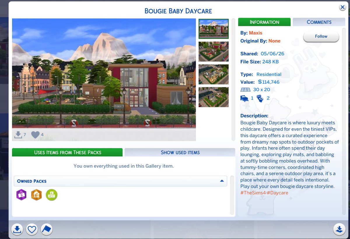 lunar_britney's tweet photo. Maxis ea account uploaded this build today, using specifically the few packs. I wonder if this update was done to alleviate the issues of small business lots being kinda tragic with infants/tots (heavy copium) https://t.co/7XsTyHR2XT