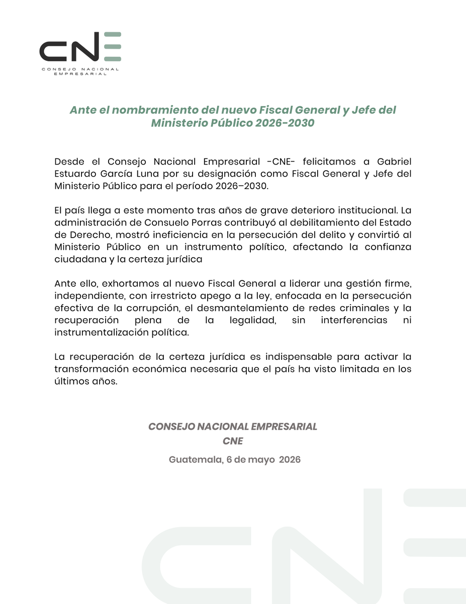 _CNEgt's tweet photo. Desde el CNE felicitamos al nuevo Fiscal General para el período 2026–2030. El país necesita una nueva gestión, independiente y apegada a la ley, que combata la corrupción, recupere la certeza jurídica y fortalezca el Estado de Derecho. https://t.co/fCrwKXThdk