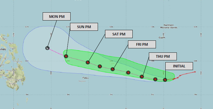 DTNWeather's tweet photo. 5/6 #TropicalStormHagupit 2300 ACT advisory: Subtle strengthening is possible with #Hagupit over the coming days as it approaches Palau and eventually the Philippines.
https://t.co/55HTa6DnnC

#ThinkWeather https://t.co/1D8tm8rLXv