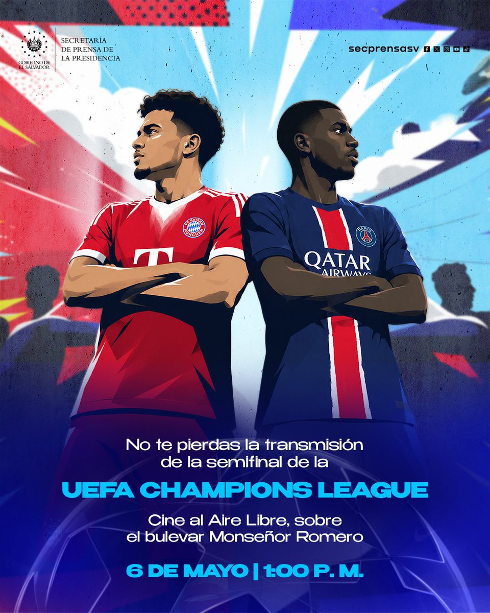 #CineAlAireLibre | Esta tarde, el cine al aire libre de la plaza ubicada en el bulevar Monseñor Romero, te espera para que vivas la emocionante semifinal de la UEFA Champions League entre el <a href="/FCBayernES/">FC Bayern München Español</a> y el <a href="/PSG_espanol/">Paris Saint-Germain</a>. #SecretaríaDePrensa