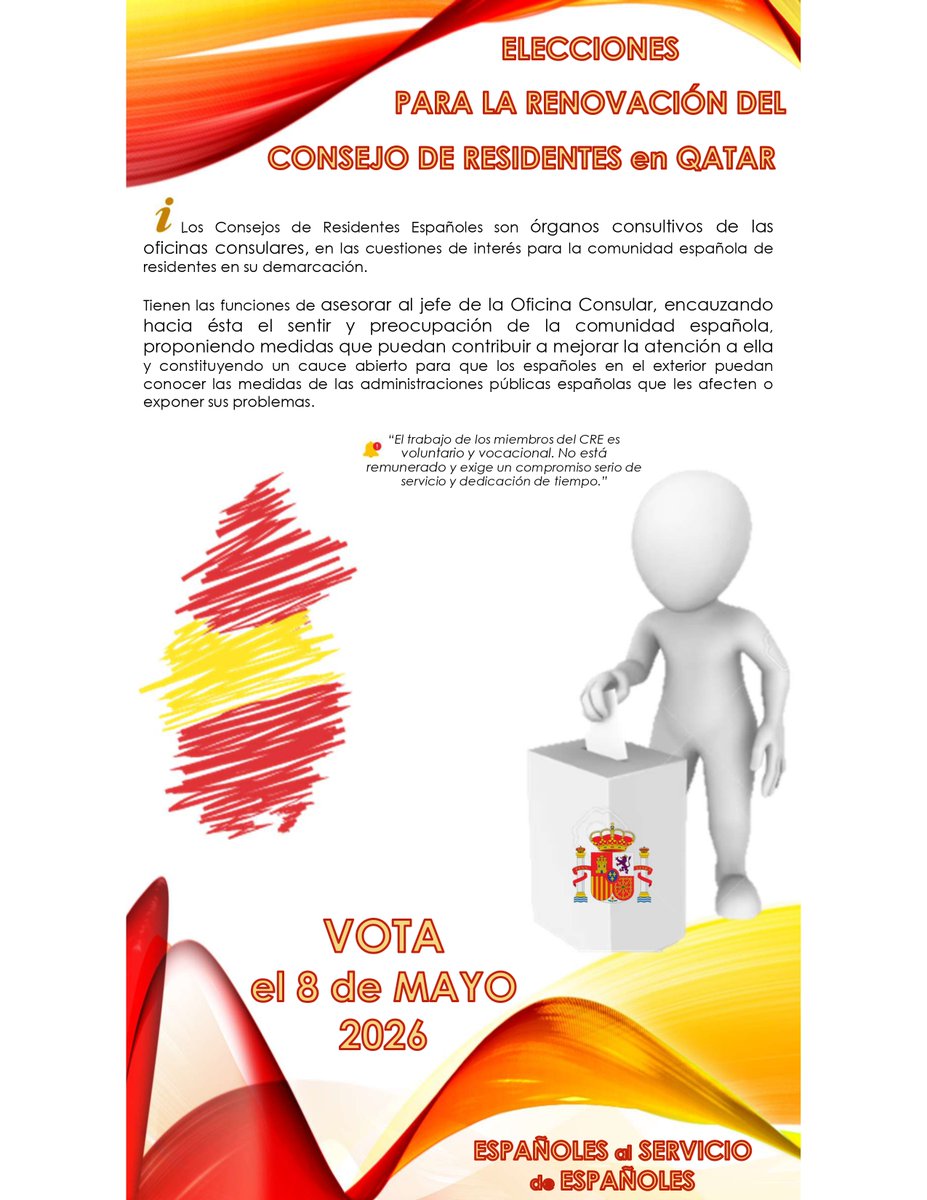 EmbEspCatar's tweet photo. ℹ️🇪🇸 Información sobre las Elecciones para la renovación del Consejo de Residentes Españoles en Qatar.

🗳️ Voto en urna: el viernes 8 de mayo de 9:00 a 18:00 horas, en la Embajada de España en Doha. https://t.co/PCdj4JCFUW