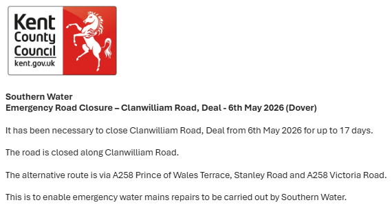 KentHighways's tweet photo. Deal, Clanwilliam Road: Closed until 22nd May to allow for repairs by @SouthernWater : https://t.co/mvJWLbcmvL https://t.co/rvUVxYCtG6