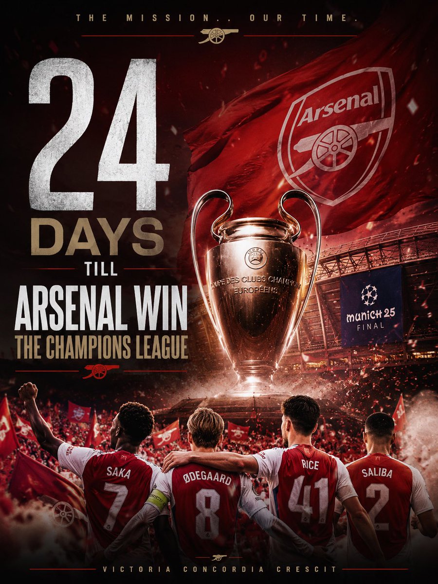 GH_BLOGS's tweet photo. 24 days.
One dream. One club. ❤️

This is the year Arsenal F.C. bring it home.
From North London to the world — believe it.

#Arsenal #COYG #ChampionsLeague #UCLFinal #ArsenalFans #NorthLondonForever #Gunners #Football #Soccer #FinalCountdown https://t.co/GKEV4M9JZP