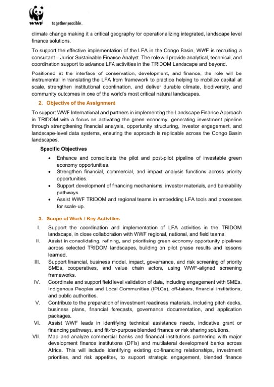 wwfcameroon's tweet photo. Apply by sending your CV + cover letter in one PDF/document, max. 5 pages, to: recruitafrica@wwfint.org
Subject: Consultant – Junior Sustainable Finance Analyst

Deadline: 11 May 2026

More details in the images below.

#WWF #Hiring #JobOpportunity https://t.co/2qzdkkHfm1