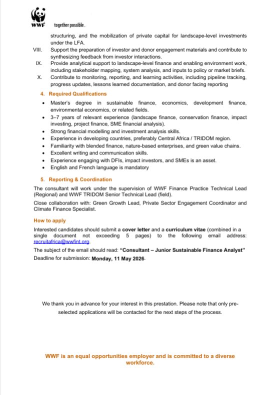 wwfcameroon's tweet photo. Apply by sending your CV + cover letter in one PDF/document, max. 5 pages, to: recruitafrica@wwfint.org
Subject: Consultant – Junior Sustainable Finance Analyst

Deadline: 11 May 2026

More details in the images below.

#WWF #Hiring #JobOpportunity https://t.co/2qzdkkHfm1