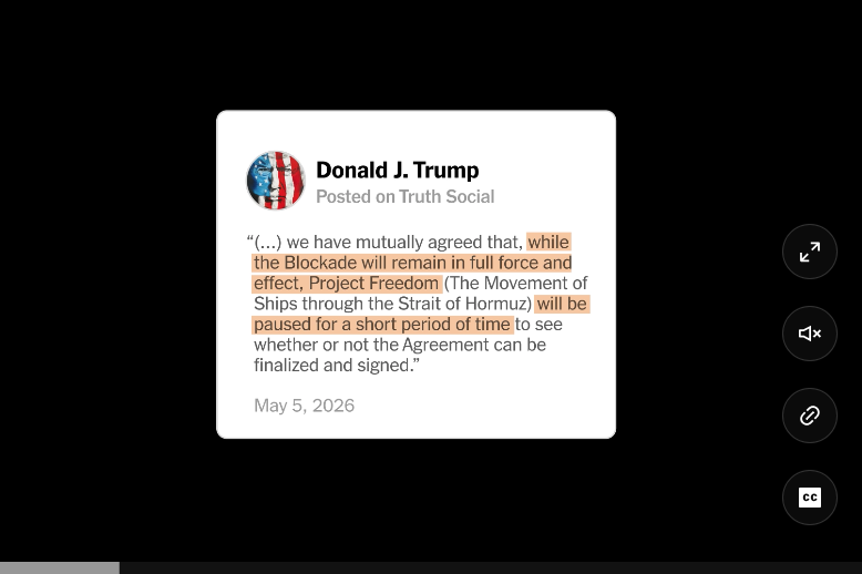 ExPostCo's tweet photo. 🇺🇸: Trump reafirma que enquanto o bloqueio dos EUA (no Estreito de Ormuz) permanecer em força máxima o Project Freedom ficará pausado por um curto período de tempo - para ver se o Acordo pode ser finalizado e assinado. https://t.co/822ZFHFrQJ