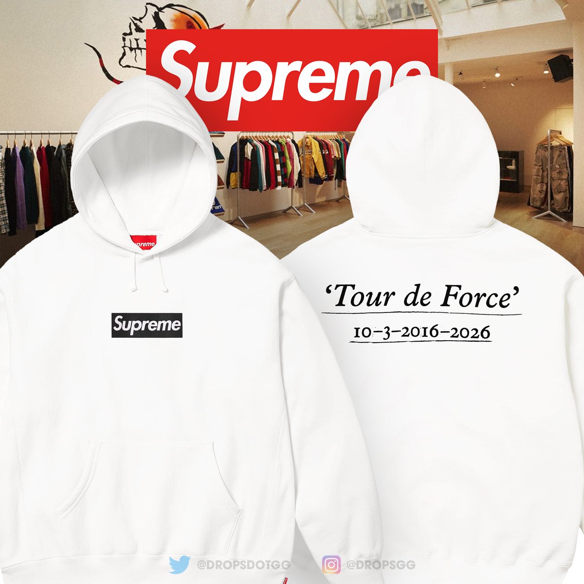 dropsdotgg's tweet photo. Supreme Paris 10th Anniversary Box Logo 🔥

This week, the Supreme team has been celebrating the 10th anniversary of its French flagship store with friends, family, and artists.

To commemorate the special occasion, an exclusive Box Logo hooded sweatshirt will be available at the Paris location. It’s a reinterpretation of the original Supreme Paris opening t-shirt, updated to mark the 10-year milestone!

While the original opening Box Logo tee read "Bonjour Madame" on the back, the new hoodie says "Tour de Force".

Additionally, a commemorative mural was painted near the store in recent weeks to kick off the celebration.
