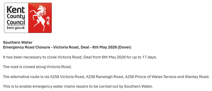 KentHighways's tweet photo. Deal, Victoria Road: Closed until 22nd May to allow for works by @SouthernWater : https://t.co/2HTevBc0wV https://t.co/o1DFfGQb4l