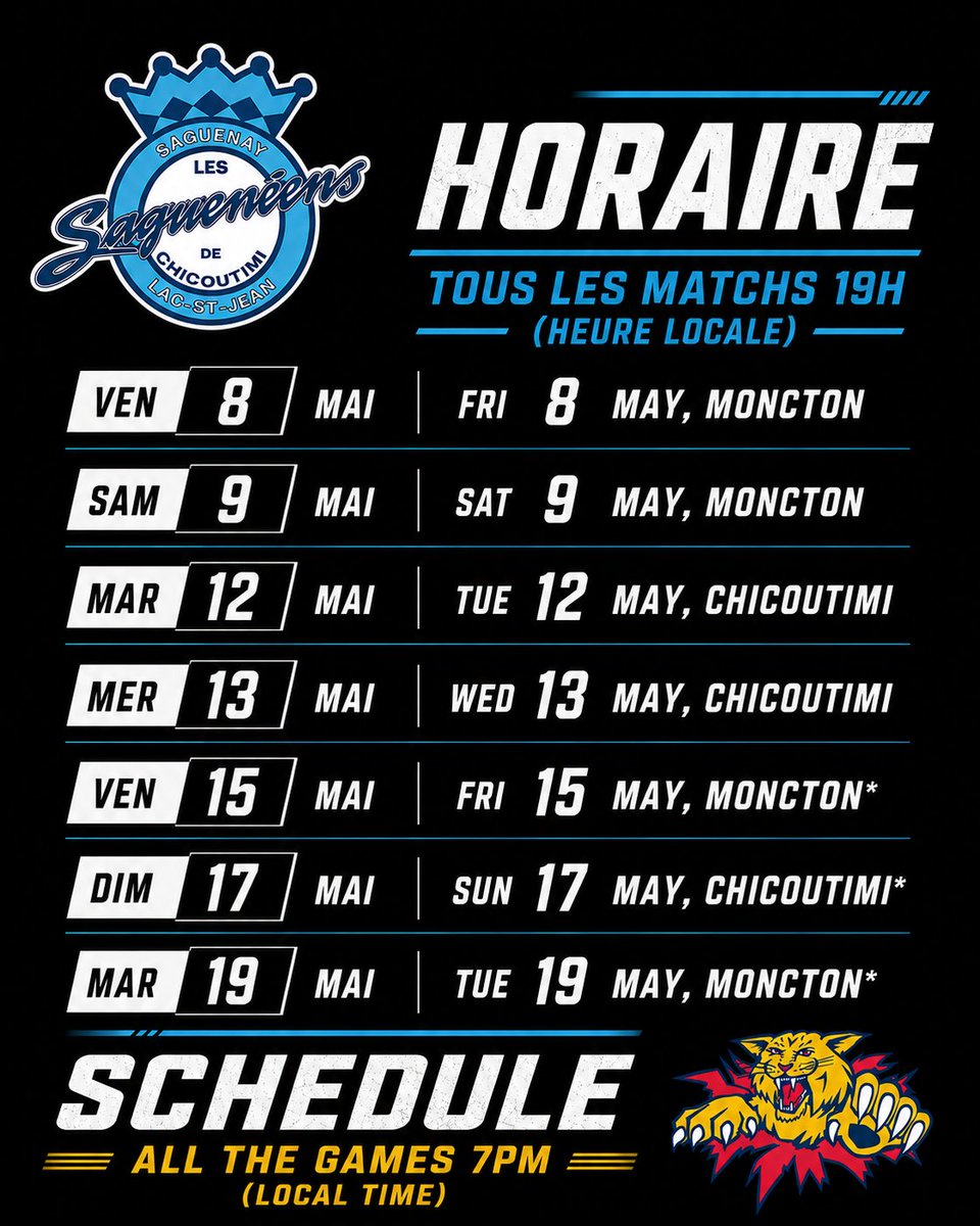 LHJMQ's tweet photo. Voici l'horaire complet de la finale entre les @monctonwildcats et les @SagueneensLHJMQ! 📆

À noter que tous les matchs du championnat seront présentés sur @RDSca, @TSN_Sports et @FloHockey.

#SeriesLHJMQ | #Proxi https://t.co/et8MBlUTb5