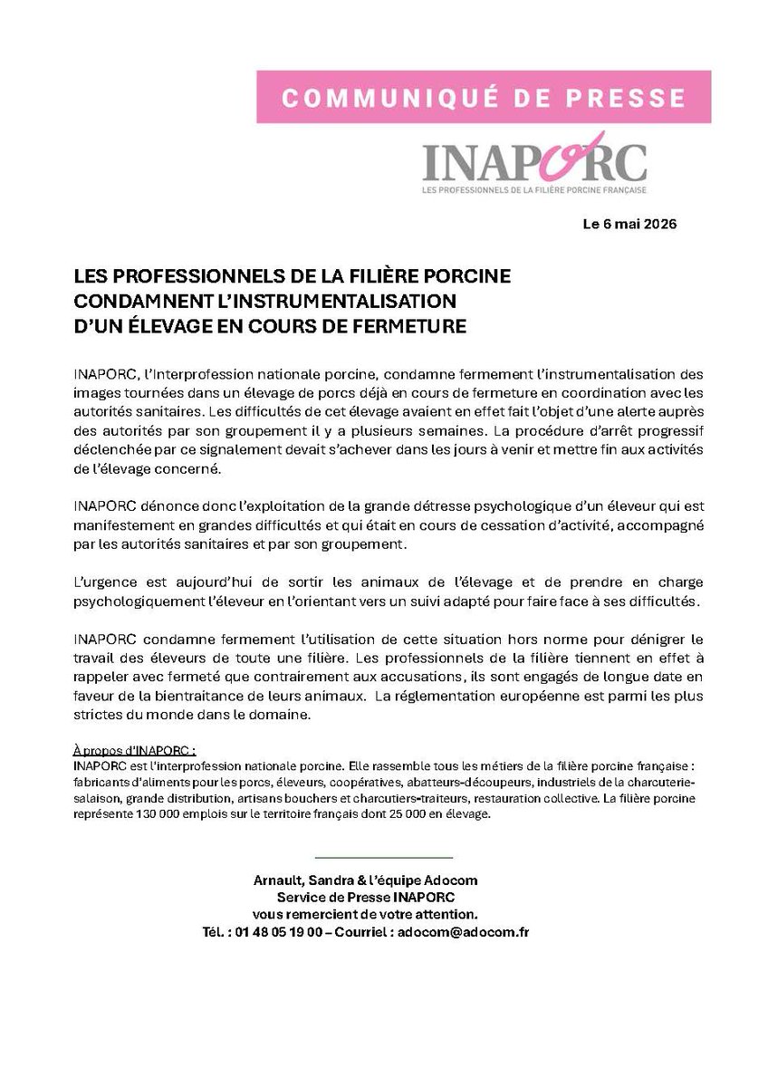 INAPORC's tweet photo. 📢 Les professionnels de la filière porcine condamnent l'instrumentalisation d'un élevage en cours de fermeture 

𝗟𝗶𝗿𝗲 𝗹𝗲 𝗰𝗼𝗺𝗺𝘂𝗻𝗶𝗾𝘂𝗲 𝗱𝗲 𝗽𝗿𝗲𝘀𝘀𝗲 ⬇️

@AnneRichardLaco @AdocomRP @arnaultnarcy @SNIA_FR @lacoopagricole @FNSEA @coordinationrur
@culture_viande @FICT_FRANCE @confboucherie @lacnct @RESTAU_CO @FCDfrance
#elevage #porc #filiereporcine