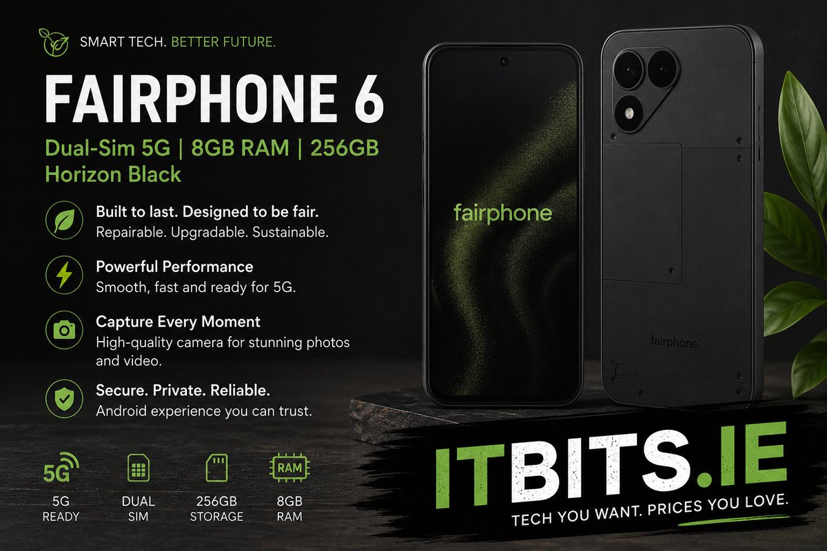 ItbitsI's tweet photo. 🌍 Meet the phone built differently.
The Fairphone 6 delivers powerful 5G performance, premium design, and a future-focused approach to tech. #Fairphone #Android #5G #Tech #Smartphone #EcoTech #Dublin #ITBITS - https://t.co/qMhHTdGP1p https://t.co/R9WMtzdGDP