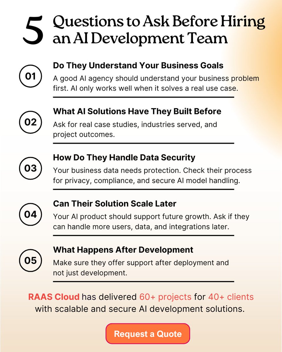 raascloud's tweet photo. Hiring the right AI development team can save your business time, money, &amp; future problems.

Before you choose an AI team, ask these 5 questions:

RAAS Cloud has delivered 60+ projects for 40+ clients with scalable AI development solutions.

📩 Request a quote today.

#AI https://t.co/ynlOMnuPDe