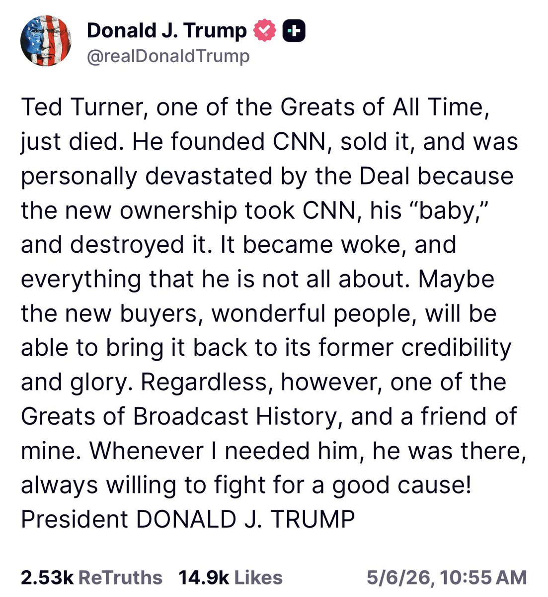 KarluskaP's tweet image. President Trump praises Ted Turner