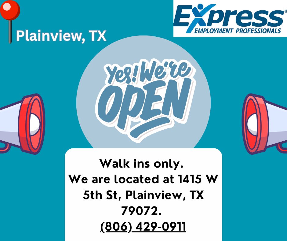 ExpressProsLBK's tweet photo. 🚨 Attention Plainview Job Seekers! 🚨

We’ll be in the office all next week and ready to help you take the next step in your career!

📅 Dates: Monday–Friday, May 11th–May 15th
⏰ Time: 9:00 AM – 4:00 PM
🚶 Walk-ins only!

Stop by, meet with our team, and explore job... https://t.co/l1ixaWdKJ9