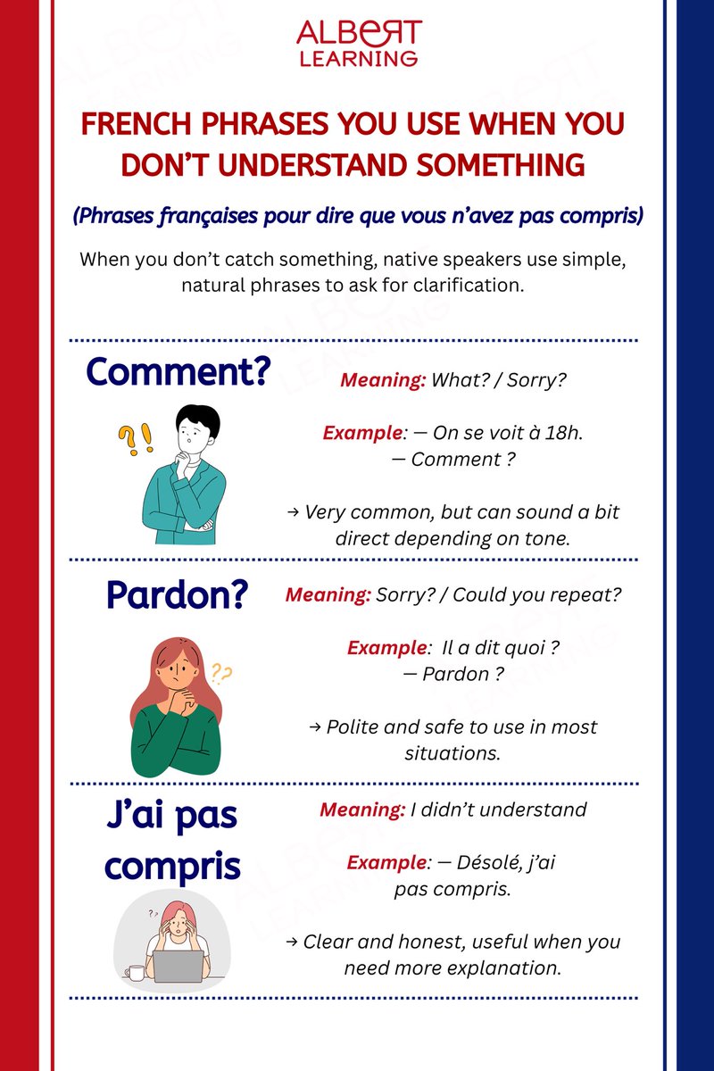 Albert_Learning's tweet photo. Didn’t understand something in French? 🇫🇷
You don’t need complicated sentences. Simple phrases like these help you ask for clarification naturally.

Keep learning with Albert Learning.

#LearnFrench #FrenchExpressions #SpeakFrench #LanguageLearning  #AlbertLearning https://t.co/U8Mz9oPj4c